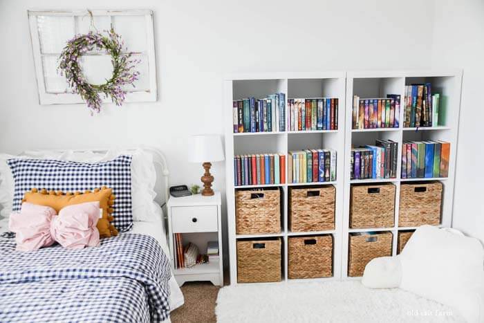 Bookshelves with Storage Bins Bedroom Storage Ideas